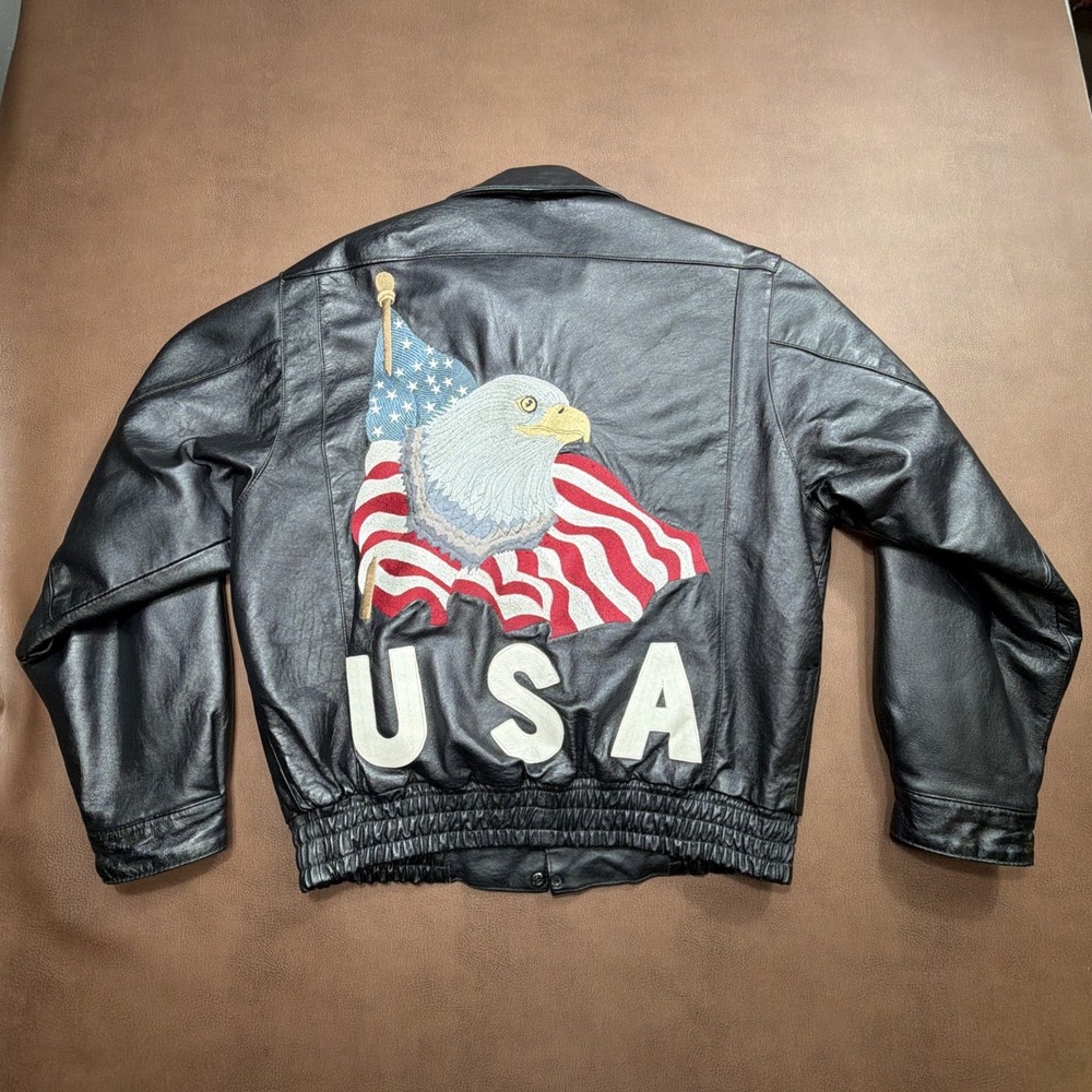 VTG Leather Jacket USA PATRIOTIC Decal Eagle Embroidered Mens Medium Lined Mint!